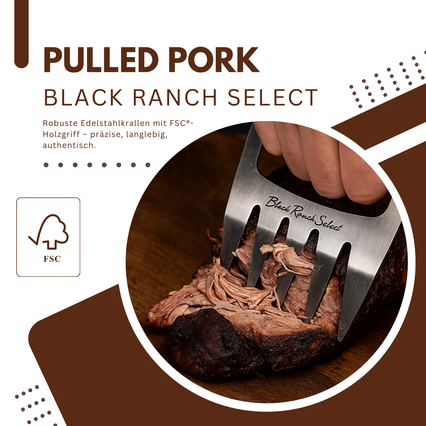 Black Ranch Select ® | Fleischkralle aus dunklem Edelstahl | BBQ Pulled Pork Krallen mit FSC®-Holzgriff