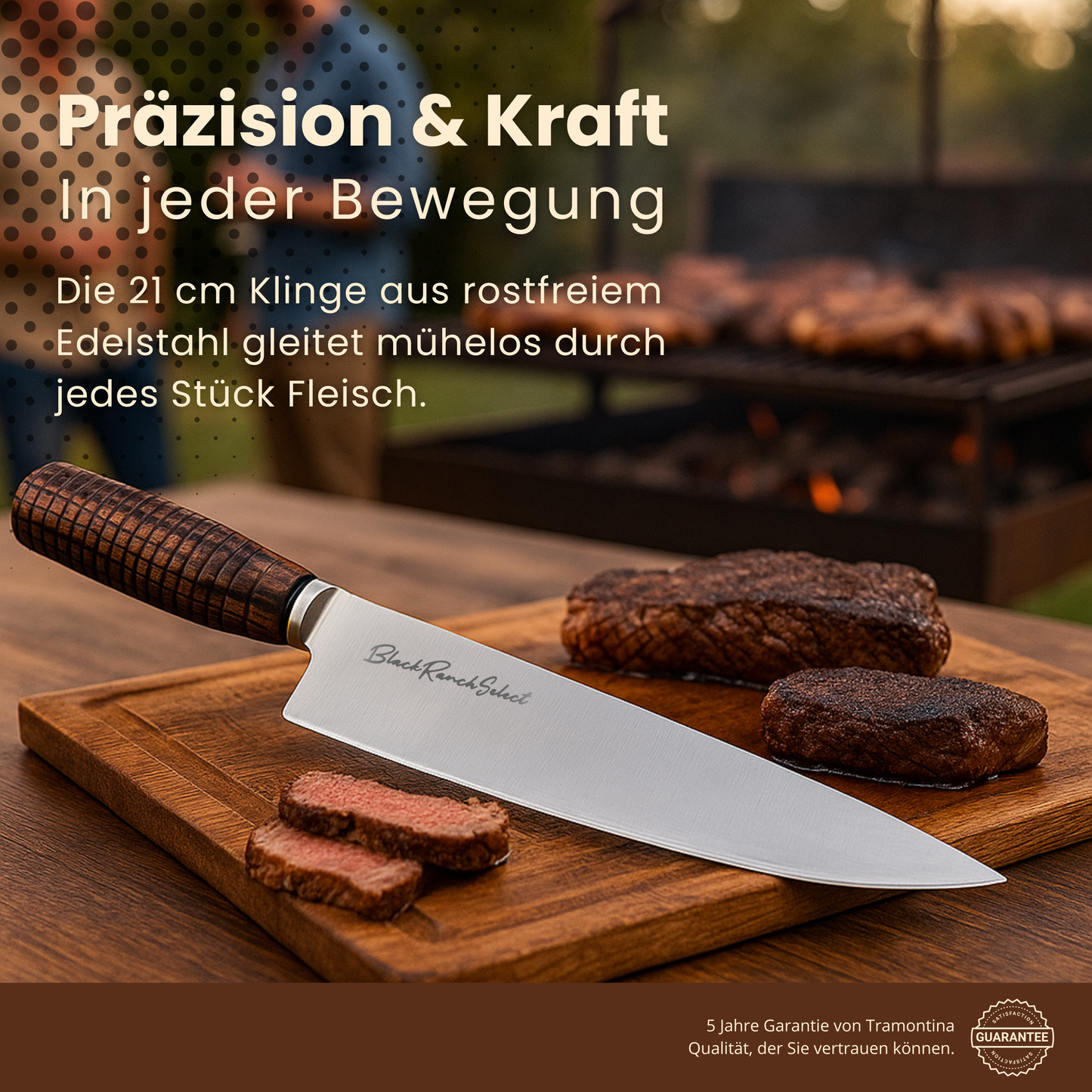 Black Ranch Select | Premium Fleischmesser | 21 cm Edelstahlklinge mit ergonomischem Griff & Lederetui | Profi-Messer für Grill & BBQ