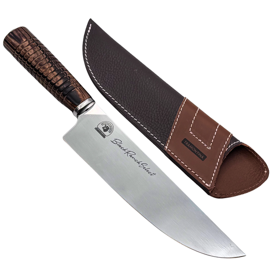 Black Ranch Select | Premium Fleischmesser | 21 cm Edelstahlklinge mit ergonomischem Griff & Lederetui | Profi-Messer für Grill & BBQ