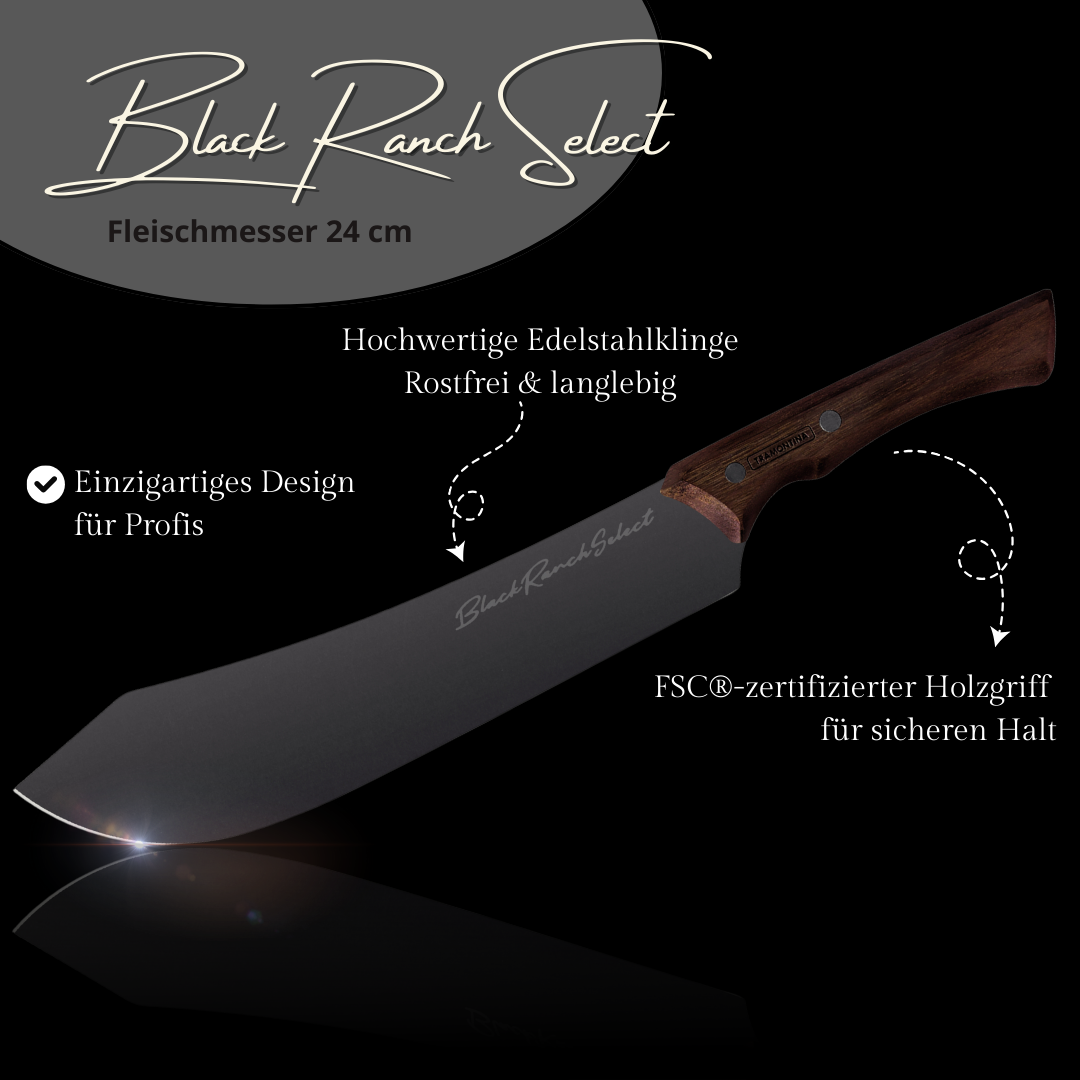 Black Ranch Select Fleischmesser 24 cm | Dunkle Edelstahlklinge & FSC®-Holzgriff | Premium BBQ & Küchenmesser