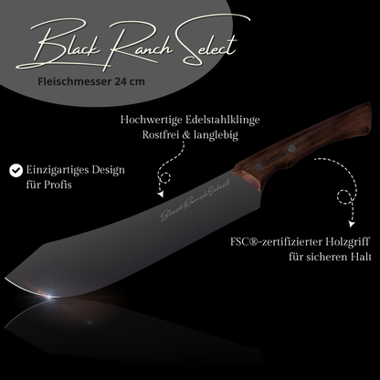 Black Ranch Select Fleischmesser 24 cm | Dunkle Edelstahlklinge & FSC®-Holzgriff | Premium BBQ & Küchenmesser