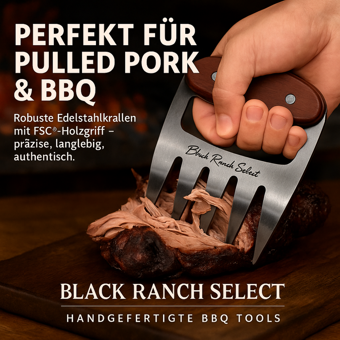 Black Ranch Select ® | Fleischkralle aus dunklem Edelstahl | BBQ Pulled Pork Krallen mit FSC®-Holzgriff