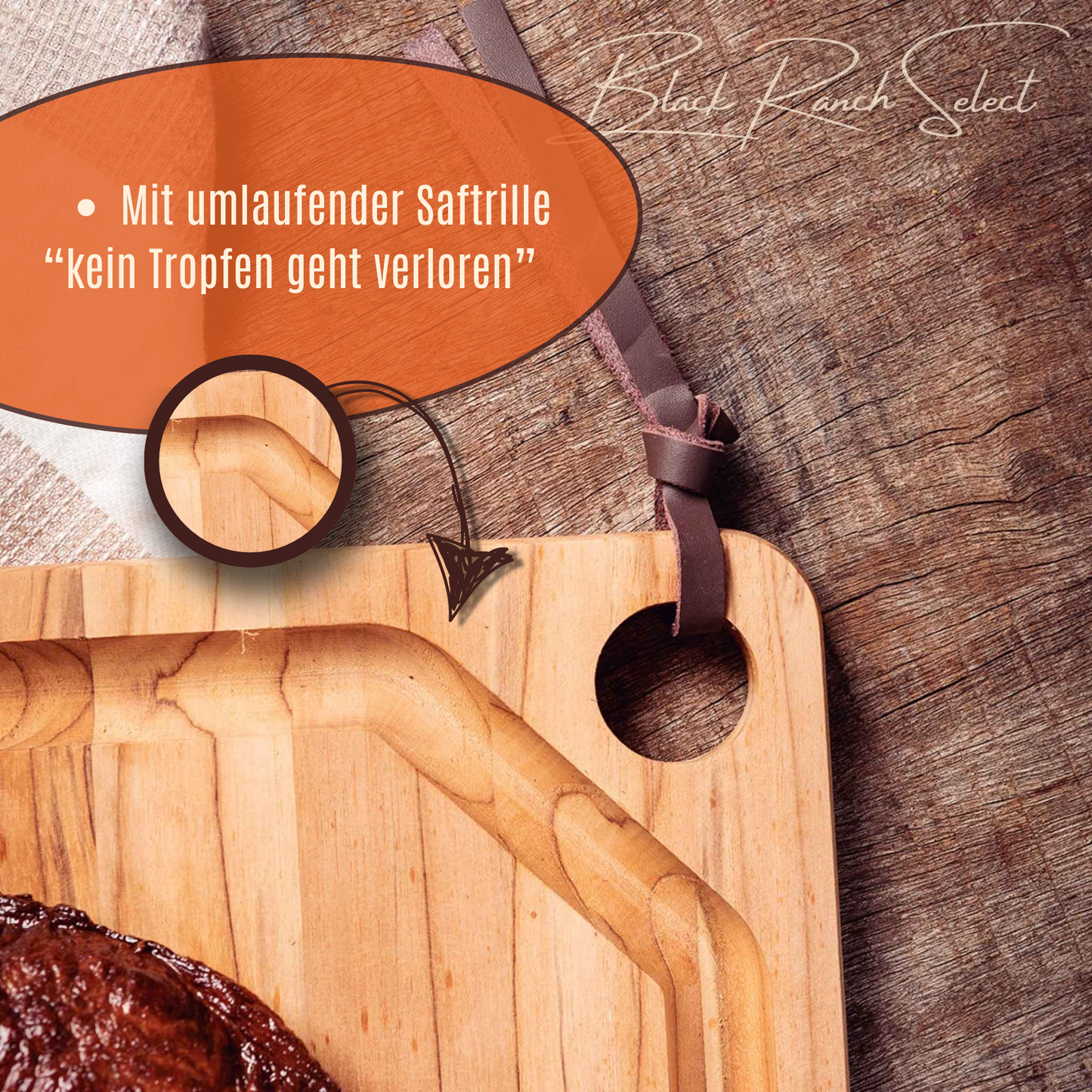 Black Ranch Select | Schneidebrett aus FSC® Teakholz 40 x 24 cm | Großes Holzbrett mit Saftrille | Premium BBQ & Küchenbrett