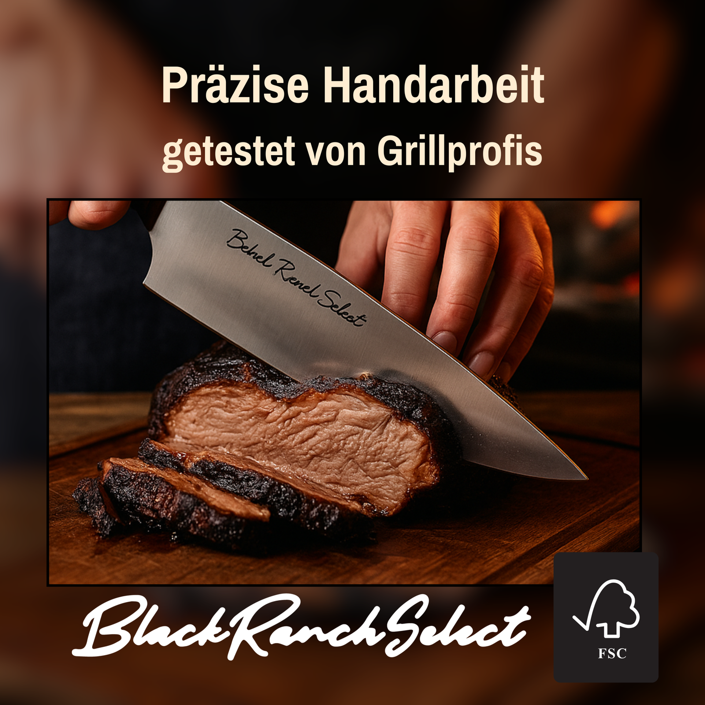 Black Ranch Select | Premium Fleischmesser | 21 cm Edelstahlklinge mit ergonomischem Griff & Lederetui | Profi-Messer für Grill & BBQ