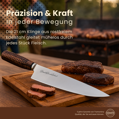 Black Ranch Select | Premium Fleischmesser | 21 cm Edelstahlklinge mit ergonomischem Griff & Lederetui | Profi-Messer für Grill & BBQ